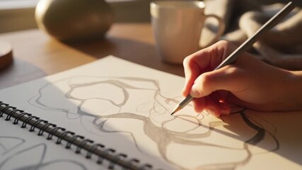 Hands drawing in sketchbook, soft warm indoor lighting, abstract cozy mood, perfect for world introvert day