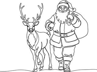 Expressive One Line Santa Walking with Reindeer.