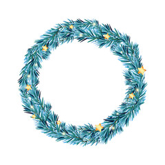  Christmas wreath with gold stars and pine branches. Vector illustration isolated on white background. Suitable for greeting cards, flyers, postcard designs and New Year's invitations