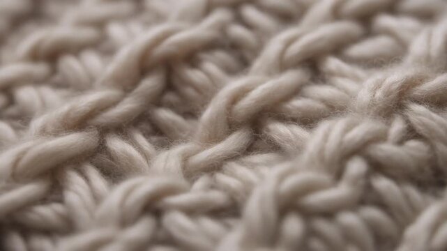 A stunning macro close-up shot focusing on the surface of a cozy hand-knitted cream-colored woolen fabric, highlighting the intricate stitch pattern and soft texture