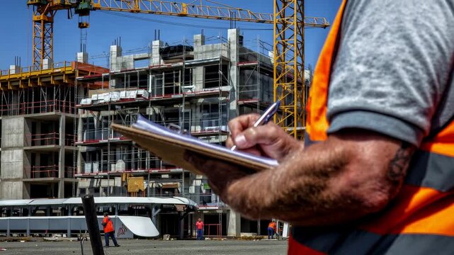 Construction worker holding clipboard on busy building site practical inspection scene ideal for real estate development safety training infrastructure investment presentations and