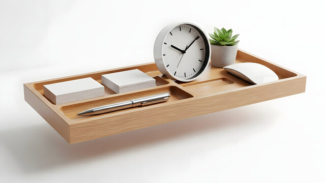 Elegant Desk Organizer: An uncluttered wooden desk organizer showcases modern design, featuring a clock, pen, notepad, succulent, and computer mouse. Capturing simplicity, functionality.