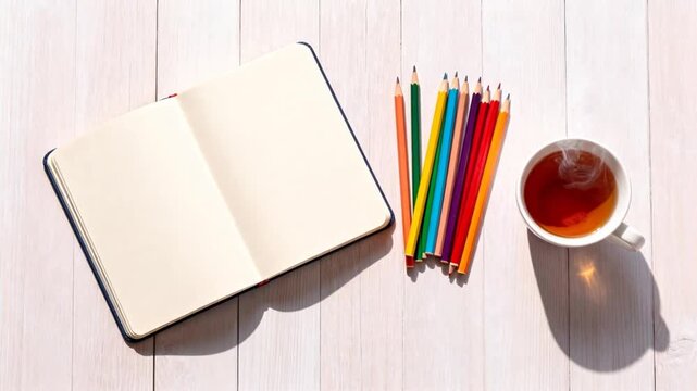 flat lay of journal, colorful pencils, cup of tea, and soft morning lighting, minimalistic aesthetic for world introvert day