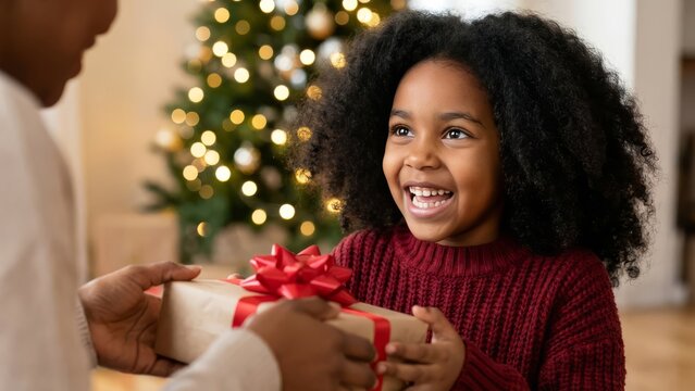A child joyfully receiving a Christmas gift with a big red bow in front of a Christmas tree, ideal for holiday gift-giving promotions, family-themed marketing, or festive advertisements