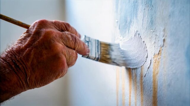 Hand with paintbrush covering wall in fresh white color creative renovation project ideal for home decor brands interior design blogs do it yourself tutorials and lifestyle makeover stories