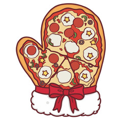 Christmas pizza mitten glove cartoon with pepperoni mozzarella and bow ribbon