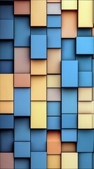 A 3D rendered background with a pattern of colorful cubes in various sizes and shades of blue, yellow, and orange.
