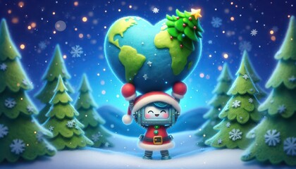 A 3D cute robot wearing a Christmas outfit lifting the Earth with a glowing Christmas tree, celebrating the holiday season with a joyful and futuristic spirit. greeting cards, tech-themed holiday