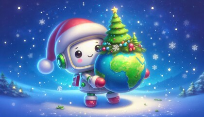 A 3D cute robot wearing a Christmas outfit lifting the Earth with a glowing Christmas tree, celebrating the holiday season with a joyful and futuristic spirit. festive greeting cards