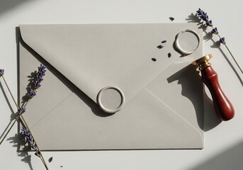 Elegant gray envelope with a classic wax seal and delicate lavender sprigs, symbolizing traditional correspondence and heartfelt messages for special occasions