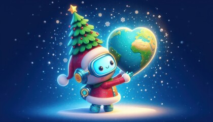 A 3D cute robot wearing a Christmas outfit lifting the Earth with a glowing Christmas tree, celebrating the holiday season with a joyful and futuristic spirit. festive greeting cards