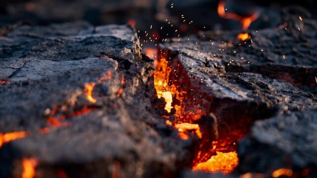 Red lava glows through cracks in dark volcanic rock creating a dramatic background about natural power heat and danger useful for science videos adventure trailers and nature advertising