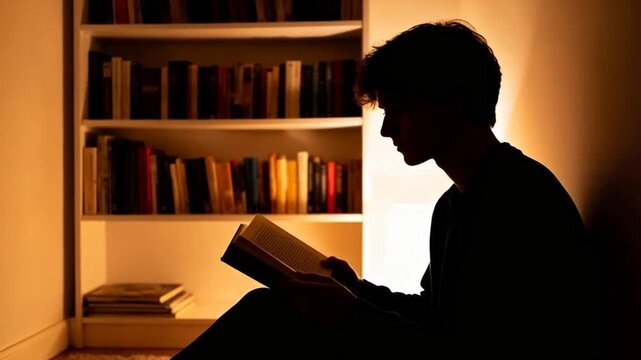 Silhouette reading in cozy corner with bookshelf behind, soft warm lighting, perfect for world introvert day