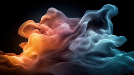 An abstract digital artwork featuring flowing, colorful forms against a black background. The forms blend orange, pink, and blue hues.