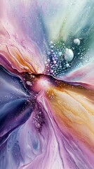An abstract artwork featuring colorful fluid art with a central burst of light, bubbles, and flowing patterns. The image has a dreamy and ethereal quality with