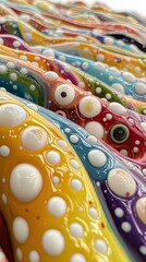 Close-up of abstract, colorful, wave-like forms with white dots. The image has an artistic and vibrant feel.