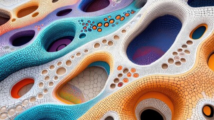 Close-up view of abstract, colorful, organic shapes with holes and textured surfaces. The image features a variety of vibrant colors and intricate details.