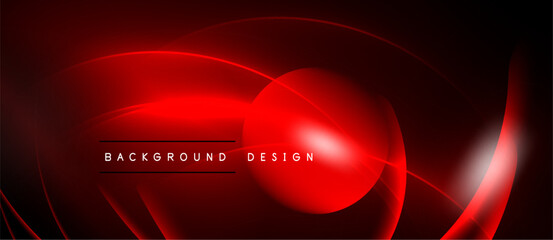 Dynamic red curves create abstract background. Modern design features glowing lines, dark shadows, simple text overlay.