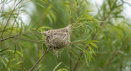 Empty Bird Nest Swaying on Thin Branches with Motion Blur Background