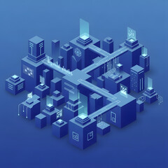 Futuristic isometric digital cityscape with glowing towers