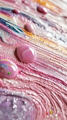 Close-up of colorful abstract paint with droplets and glitter, showcasing vibrant colors and textures.