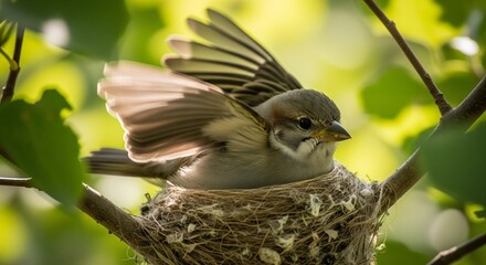 Bird in Nest Close-up: Sharp Focus on Feathers and Wing Position