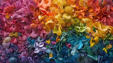 An abstract artwork featuring a vibrant composition of colorful paper elements, arranged in a gradient of hues.