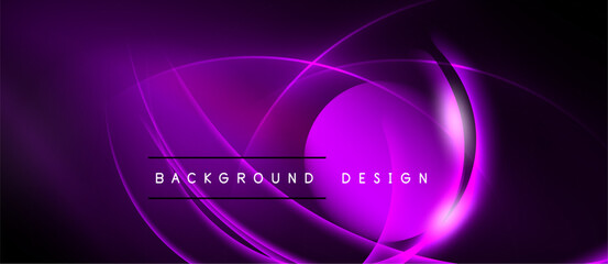Abstract purple design features curved lines, glowing effects. Modern background suitable for digital projects, presentations.