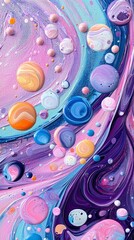 An abstract painting featuring colorful planets and swirling patterns, creating a sense of space and artistic expression.