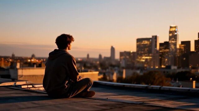 person sitting on rooftop alone, gazing at city skyline at dusk, soft warm glow, perfect for world introvert day