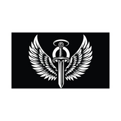 Winged Sword Emblem – Black and White Vector Illustration