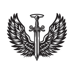 Winged Sword Emblem – Black and White Vector Illustration