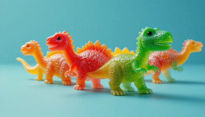 Naklejka premium Colorful toy dinosaurs in row on blue background, showcasing vibrant red, green, and orange hues. playful arrangement and bright colors evoke sense of fun and creativity