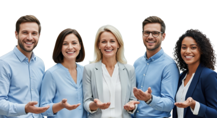 Five diverse adults, mid-20s to late 50s, smiling with open gestures in modern business casual attire, in a blurred corporate office. Concept of inclusive corporate teamwork