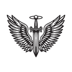 Winged Sword Emblem – Black and White Vector Illustration