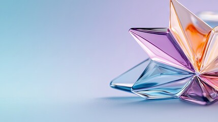 Close-up of a colorful, geometric star shape on a gradient blue and purple background. The object is made of transparent, reflective material.