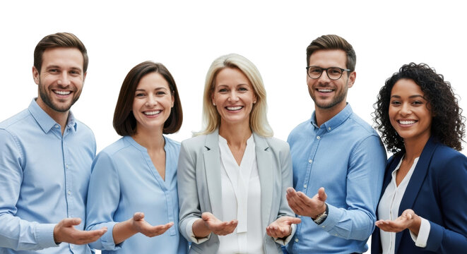 Five diverse adults, mid-20s to late 50s, smiling with open gestures in modern business casual attire, in a blurred corporate office. Concept of inclusive corporate teamwork