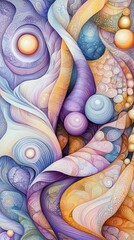 An abstract artwork featuring swirling shapes and colorful patterns with a soft, dreamlike quality. The composition uses a pastel color palette.