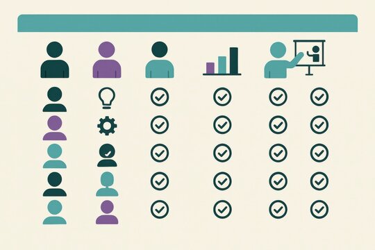 Illustrative Data Visualization of Team Collaboration Featuring Icons of Individuals Diverse Skills and Chart Representation of Progress Toward Goals Signifying Synergy and Effective
