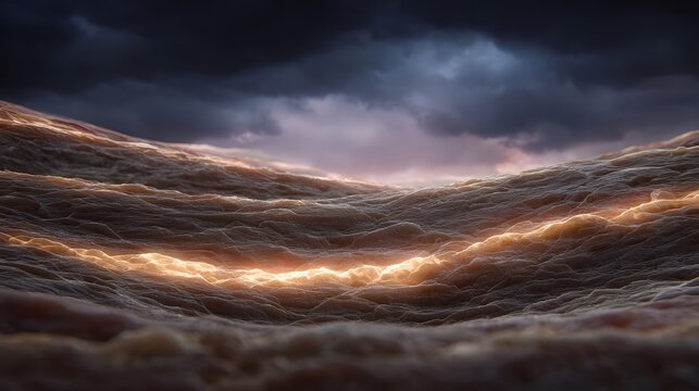 Dramatic ocean waves surge under stormy clouds illuminated by a golden light