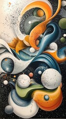 An abstract artwork featuring colorful swirling shapes and spheres against a starry background, creating a dynamic and artistic composition.