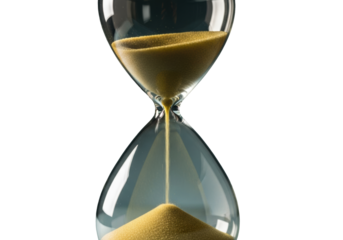 Meticulously clean classic transparent glass hourglass, golden sand actively flowing, soft studio light, deep dark teal background, conveying efficient time management