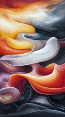 An abstract artwork featuring vibrant, swirling forms in a variety of colors, creating a dynamic and fluid composition.