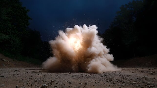 A powerful explosion erupts in a cloud of dust and smoke against a dark night sky