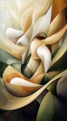 An abstract artwork featuring flowing, organic forms in shades of white, beige, brown, and green, creating a sense of movement and depth.