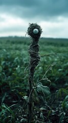 An abstract creature made of natural materials stands in a field under a cloudy sky. The creature has a nest-like head with a white object, and a twisted body.
