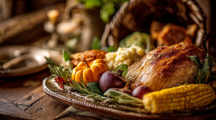A thanksgiving feast featuring roasted turkey and autumn vegetables on a platter