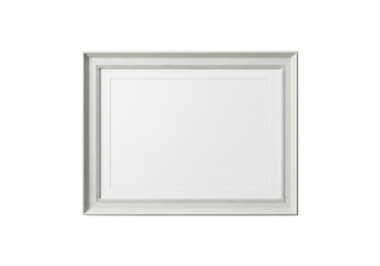 An empty, pristine, rectangular off-white to light beige frame with refined decorative edges and aged photo mount texture, centered on transparent surface, minimalist studio setup, versatile template