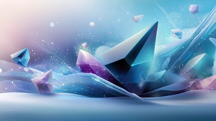 An abstract illustration featuring various crystal shapes with a dreamy atmosphere, sparkling effects, and a soft color palette.