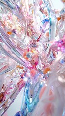 An abstract composition featuring a complex crystal structure, with a variety of colorful elements and soft lighting.